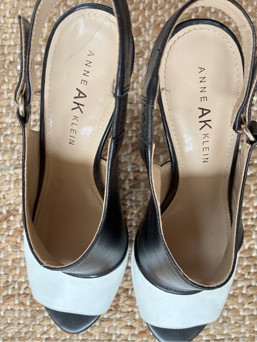 Anne Klein Black and White Peep-Toe Slingback Block Heels - Picture 2 of 7